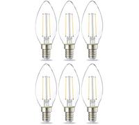 Amazon Basics Bombilla de vela pequeña LED E14, Edison, de 2.1 W (equivalente a 25 W), filamento transparente, no regulable, paquete de 6, Blanca Cálida