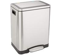 Amazon Basics Bote de basura de 2 x 15 L (30L) con dos compartimentos y pedal de tubo de acero, cierre suave con tapa, para cocina, baño u oficina, rectangular, satinado, Plateado