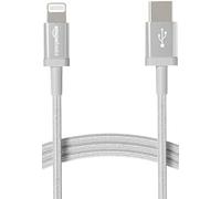 Amazon Basics Cable trenzado de nylon USB-C a Lightning, cargador certificado por MFi para iPhone 13/12/11/X/XS/XR/8, Type-C, PD de Carga Rápida, color plateado, 1.8 m