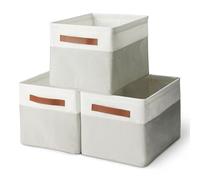 Amazon Basics Cajas de almacenamiento plegables con asas de cuero, color lino, grande, paquete de 3