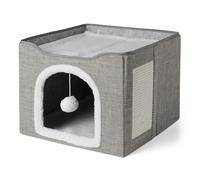 Amazon Basics Camas para Gatos con Casa para Gatos de 1 Piso para Gatos de Interior, Cubo para Gatos con Bola de Juguete para Colgar y Rascador, Cueva Plegable para Gatos, 41,9 x 41,9 x 33 cm, Gris