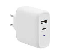 Amazon Basics Cargador de pared, 63 W, GaN, 1 puerto USB-C de 45 W y 1 USB-A de 18 W, para ordenadores portátiles, tablets y teléfonos móviles, color blanco, 6,6 x 2,94 x 6,24 cm