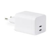 Amazon Basics Cargador de Pared USB-C Nano GaN de Carga Rápida, 65W y 2 Puertos para Ordenadores Portátiles, Tablets y Teléfonos, Blanco
