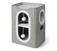 Amazon Basics Casa para Gatos de 2 Pisos para Gatos de Interior, Cueva Cubierta para Gatos con Rascador y Bola Esponjosa, Casas Plegables en Forma de Cubo para Gatos, 43,2 x 35,6 x 57,2 cm, Gris