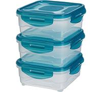 Amazon Basics Contenedores herméticos sellados con tapa de plástico sin BPE, apilables y aptos para frigorífico/congelador, para microondas y lavavajillas. Conjunto de 3 piezas de 0.8 l, traslúcido