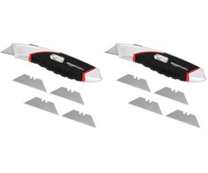 Amazon Basics Cuchillo para uso general con empuñadura ergonómica, caga automática, retráctil y resistente, hoja con bloqueo en 3 posiciones y 4 hojas repuesto, Gris (Paquete de 2)
