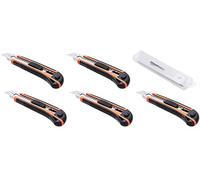 Amazon Basics Cuchillo para uso general con empuñadura ergonómica retráctil resistente, 5 unidad, hoja con bloqueo multiposición con 10 hojas afiladas de repuesto en un recipiente, Naranja/Negro