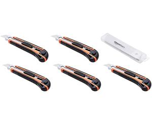 Amazon Basics Cuchillo para uso general con empuñadura ergonómica retráctil resistente, 5 unidad, hoja con bloqueo multiposición con 10 hojas afiladas de repuesto en un recipiente, Naranja/Negro