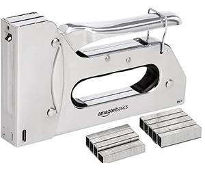 Amazon Basics Grapadora industrial, 3 en 1, con 1000 grapas, para tapizados, reparaciones del hogar, carpintería y otros proyectos profesionales, plata