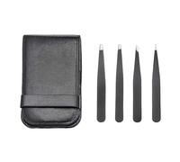 Amazon Basics Juego de 4 pinzas, profesionales, de acero inoxidable, para pelos faciales, pestañas, cejas o pelos encarnados, con funda de viaje, negro