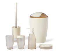 Amazon Basics Juego de Accesorios de Baño con Soporte para Cepillos de Dientes, Dispensador de Jabón, Jabonera, Vaso, Papelera, Escobilla y Soporte, Marfil
