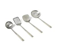 Amazon Basics Juego de Cucharas y Cucharones de Cocina de Acero Inoxidable, Juego de 4 Piezas, Asa de Agarre Suave, Aptos para Lavavajillas, Gris Lino