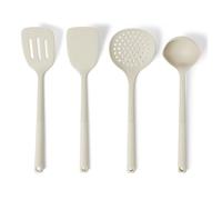 Amazon Basics Juego de Cucharas y Cucharones de Cocina de Silicona, Juego de 4 Piezas, Asa de Agarre Suave, Libre de BPA, Aptos para Lavavajillas, Gris Lino