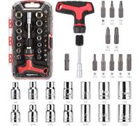 Amazon Basics Juego de Destornillador de Trinquete y Tubos de 27 Piezas, Mango en T con Portabrocas Magnético, Acero al cromo vanadio, para Reparación de Aparatos y Bricolaje, Compacto con Estuche