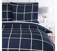 Amazon Basics Juego de Funda nórdica Cama 80/90 de Microfibra, 2 Piezas, Funda de edredón 135 x 200 cm y 1 Funda de Almohada 80 x 80 cm, Azul Marino, a Cuadros