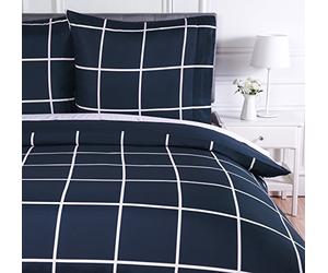 Amazon Basics Juego de Funda nórdica Cama 80/90 de Microfibra, 2 Piezas, Funda de edredón 135 x 200 cm y 1 Funda de Almohada 80 x 80 cm, Azul Marino, a Cuadros