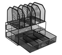 Amazon Basics Organizador de escritorio de malla con cajón deslizante, doble bandeja y 5 secciones verticales, color negro
