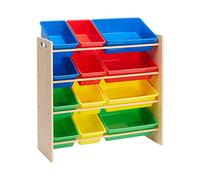 Amazon Basics Organizador de juguetes con 12 Paquete compartimentos de plástico, Madera Natural Con Compartimentos Brillantes, 27.7 cm x 85.3 cm x 79 cm