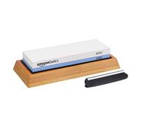 Amazon Basics Piedra de afilar de cuchillos de doble cara, grano 1000/6000 con base de bambú antideslizante, color negro, azul y blanco, 21,34 x 9,14 x 4,57 cm