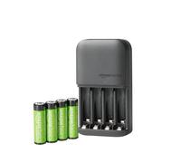 Amazon Basics pilas recargables NiMH con cargador de pilas de 4 ranuras, enchufe de la UE, Paquete de 4 AA 2000mAh, Negro