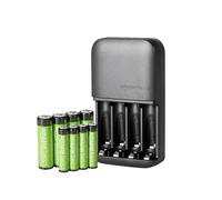 Amazon Basics pilas recargables NiMH, con cargador de pilas de 4 ranuras, enchufe de la UE, Paquete de 8 (4 AAA 800mAh + 4 AA 2000mAh), Negro