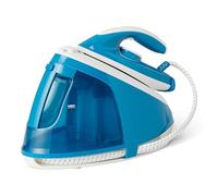Amazon Basics Plancha con Generador de Vapor con Bomba de 6 Bares, Impulso de Vapor de 240g/min, Salida de Vapor de 120g/min, Depósito de 1,5 litros, 2400W, Blanca/Azul