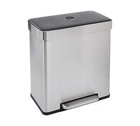 Amazon Basics Rectangular Cubo de basura para reciclaje con 2 compartimentos, Cubo interior de 30L+30L (60 L) metálico, Plateado