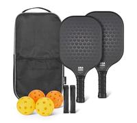 Amazon Basics Set de 2 Palas de Pickleball Aprobadas por USAPA con Marco de Vidrio, 4 Pelotas y 2 Grips, Negro Stealth