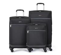 Amazon Basics Set de 3 Maletas Blandas (53 cm, 64 cm, 76 cm), Con 4 Ruedas Giratorias Multidireccionales 360°, Expandible, Bolsillo con Cremallera y Correas, Asa Telescópica, Negro