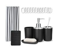 Amazon Basics Set de Baño: Cortina de Ducha con Ganchos, Alfombrilla de Baño Memory Foam, Dispensador de Jabón, Jabonera, Portacepillos & Vaso, Negro