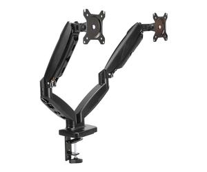 Amazon Basics Soporte de Escritorio con Brazo Dual para Monitor con Resorte Neumático, Tensión Ajustable, para Monitores de 15 a 27 Pulgadas, Soporta de 2 a 7kg, VESA 75 x 75/100 x 100, Negro