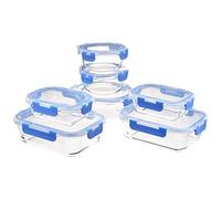 Amazon Basics Tapas 7 con 7 recipientes para conservación de alimentos sin BPA, conjunto de 14 unidades, Transparente Con Anillo de Silicona Azul