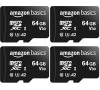 Amazon Basics Tarjeta de Memoria microSDXC con Adaptador de tamaño Completo, A2, U3, Velocidad de Lectura de hasta 100 MB/s, 64 GB, Negra (Paquete de 4)