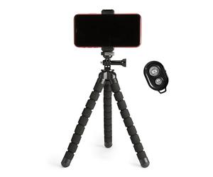 Amazon Basics Trípode Portátil y Flexible de 25cm/10in con Mando Inalámbrico y Soporte para Teléfono, Negro