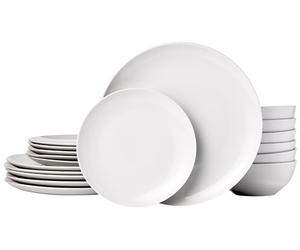 Amazon Basics Vajilla, 6 servicios, Paquete de 18, Porcelana blanca lisa