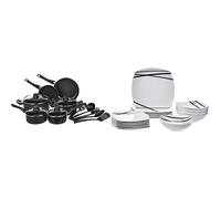 Amazon Basics - Vajilla de 18 piezas, Líneas modernas, 6 servicios + Juego de utensilios de cocina antiadherentes, 15 piezas