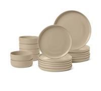 Amazon Basics Vajilla de Gres Esmaltado, Juego de 18 Piezas, 6 Servicios Completos, Apta para Lavavajillas, Gris Lino