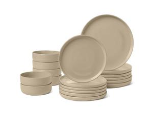 Amazon Basics Vajilla de Gres Esmaltado, Juego de 18 Piezas, 6 Servicios Completos, Apta para Lavavajillas, Gris Lino