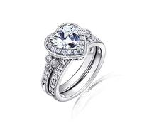 Amazon Collection Juego de anillos antiguos de plata de ley chapada en platino con circonita en forma de corazón ,Blanco