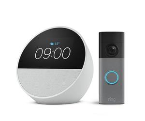Amazon Echo Spot (última generación), Blanco + Ring Videotimbre con batería (Battery Video Doorbell) (última gen.), Gris moteado