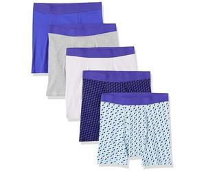 Amazon Essentials Breathable Cotton Underwear Boxer Briefs, Tag-Free Hombre, Paquete de 5, Azul Cielo Estampado Mixto/Azul Real/Blanco/Gris Mezcla/Negro Estampado de Rugby, L