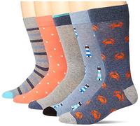 Amazon Essentials Calcetines de vestir cómodos para hombre, 5 pares, azul/gris/cangrejo azul marino/puntos naranjas/rayas, talla 8-12