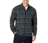Amazon Essentials Camisa de Franela de Manga Larga de Corte Holgado Hombre, Verde Oliva Oscuro Azul Patrón A Cuadros Sencillo, L