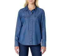 Amazon Essentials Camisa de Manga Larga con Botones de Cambray de Mezclilla para Mujer, Lavado Medio clásico, Talla XS