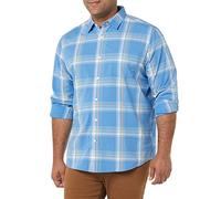Amazon Essentials Camisa en Popelina Elástica de Manga Larga y Corte Regular Hombre, Azul Claro Naranja Cuadros Escoceses, L