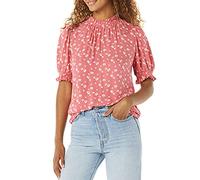 Amazon Essentials Camisa en Sarga Fluida con Manga Corta Abullonada y Detalle Fruncido Mujer, Rojo Frambuesa Floral, S