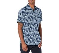 Amazon Essentials Camisa Estampada de Manga Corta y Ajuste Normal Hombre, Azul Marino Azul Cielo Hoja de Palmera, XL