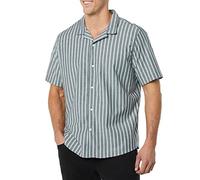 Amazon Essentials Camisa vacacional de algodón con Botones para Hombre, Manga Corta, Rayas Azules, Talla L