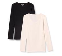 Amazon Essentials Camisas de Manga Larga con Cuello en V Acanalado y Corte Ajustado (Disponibles en Tallas Grandes) Mujer, Pack de 2, Cáscara de Huevo/Negro, XXL