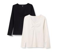 Amazon Essentials Camiseta Ajustada de Manga Larga de Punto Trenzado con Cuello de Pico ceñido Mujer, Pack de 2, Cáscara de Huevo/Negro, XS